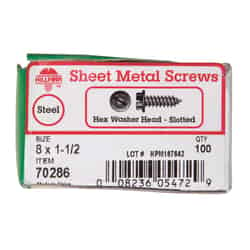 HILLMAN 1-1/2 in. L x 8 Slotted Hex Washer Steel Sheet Metal Screws 100 per box Zinc-Plated