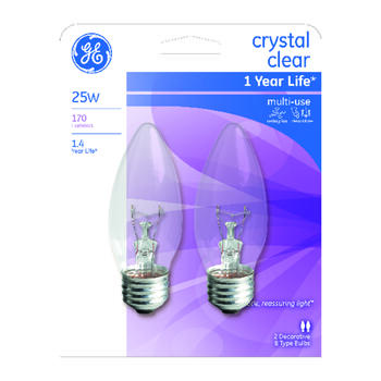 GE Lighting 25 watts B13 Incandescent Light Bulb 170 lumens White (Clear) Blunt Tip 2 pk