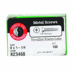 HILLMAN 1-1/4 in. L x 8 Flat Head Stainless Steel Sheet Metal Screws 100 per box Phillips