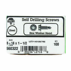 HILLMAN 1-1/2 in. L x 8-18 Phillips Zinc-Plated Hex Washer Sheet Metal Screws 100 per box Ste