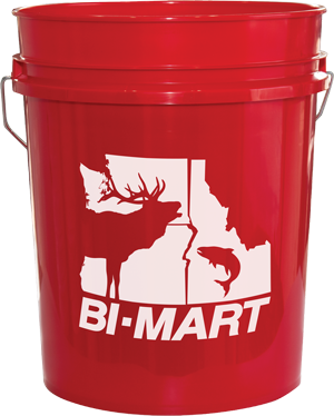 red plastic bucket with Bi-Mart branding