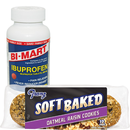 Bi-Mart Ibuprofen and Franz Soft Baked Cookies