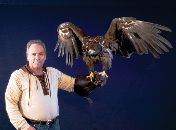 Eagle sitting on the gloved arm of its handler