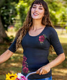 Cherry Hibiscus - Charcoal Short Sleeve Banded Rib Knit T-Shirt