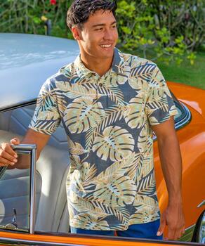 Kia'i - Blue/Tan Short Sleeve Hawaiian Polo Shirt