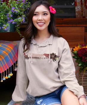 Floral Streak - Kona Coffee Dyed Long Sleeve Lightweight Pullover