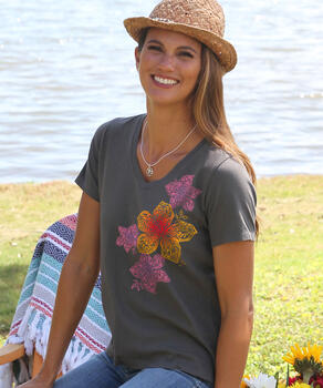 Henna Hibiscus - Graphite Short Sleeve Pima V-Neck T-Shirt