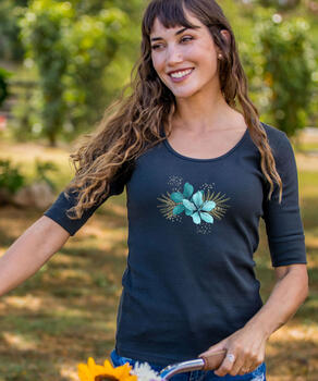 Tropical Twin Hibiscus - Charcoal Short Sleeve Banded Rib Knit T-Shirt