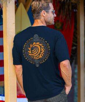 Hawaii Islands Surfing Paradise - Navy Short Sleeve Crewneck T-Shirt